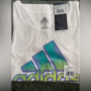 Adidas Kids White athletic tank with teal, green, purple colored logo.